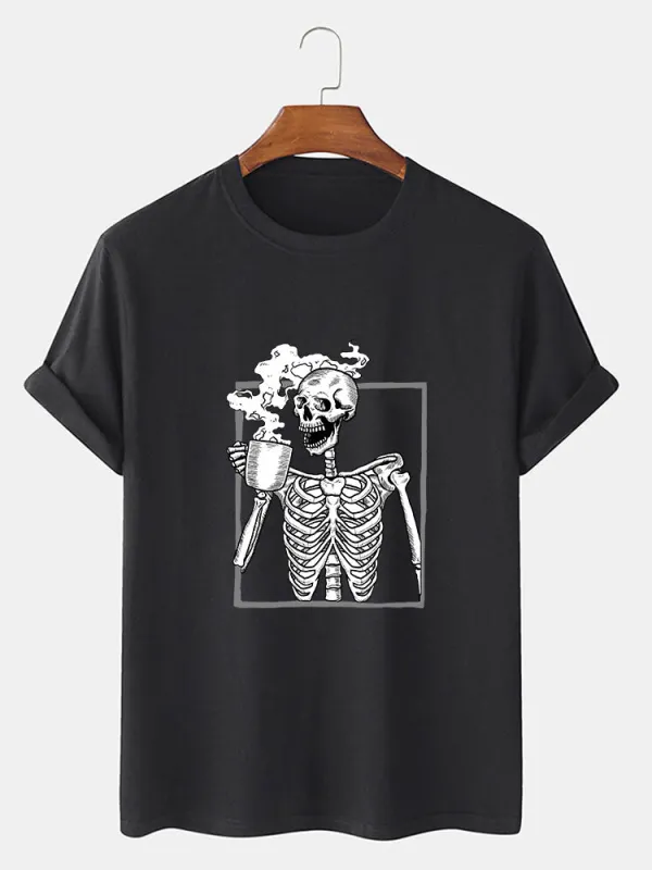 Skeleton Drinking Coffee Print T-Shirt made by Hoooyi