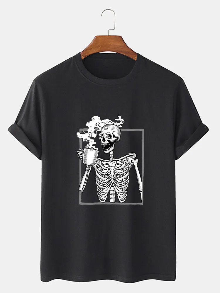 Skeleton Drinking Coffee Print T-Shirt sold by Hoooyi