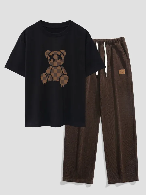 Checkerboard Dissolving Bear Drop Shoulder Oversize T-Shirt & Straight Leg Corduroy Pants sold by Hoooyi