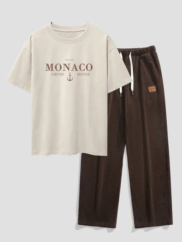 Monaco Slogan Print Drop Shoulder Oversize T-Shirt & Straight Leg Corduroy Pants sold by Hoooyi