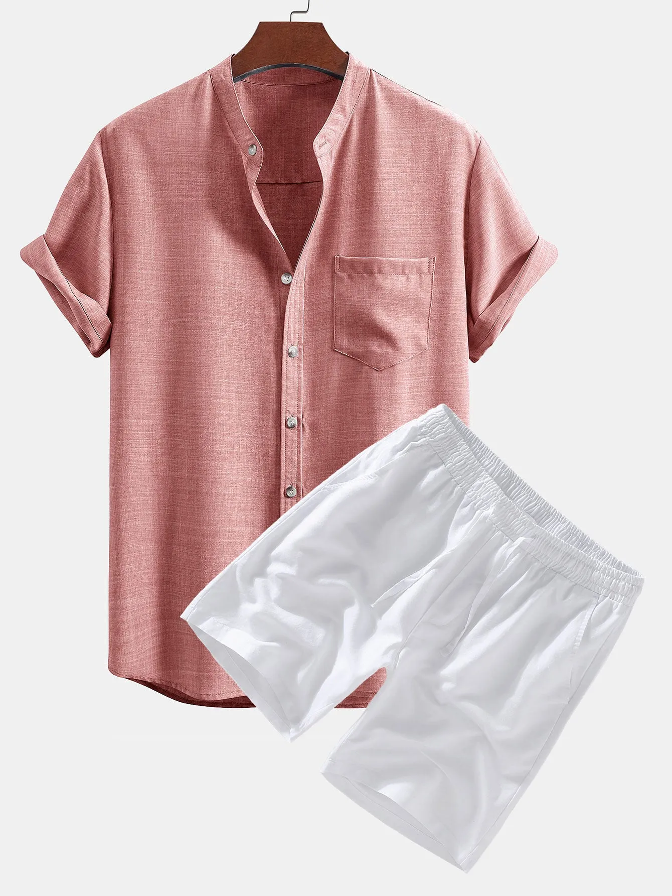 Short Sleeve Stand Collar Shirt & Linen Drawstring Shorts sold by Hoooyi