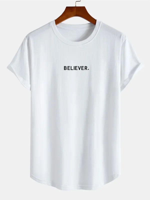 Believer Print Cotton Arc Hem T-Shirt sold by Hoooyi