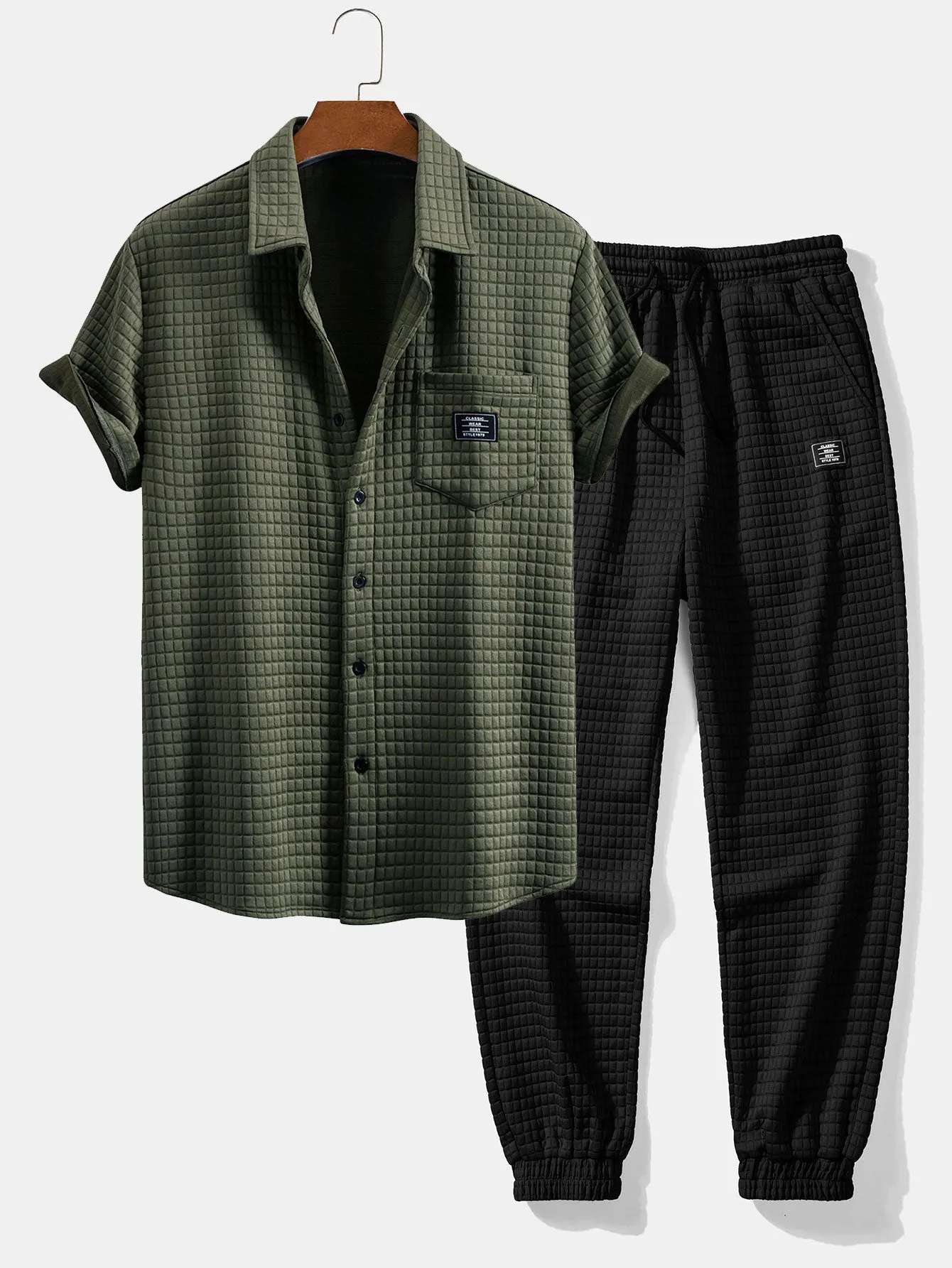Short Sleeve Waffle Shirt & Drawstring Waffle Jogger Pants sold by Hoooyi product image thumbnail 3