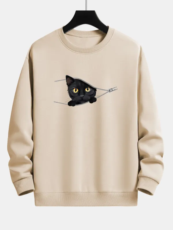 Zipper Black Cat Print Relax Fit Sweatshirt sold by Hoooyi