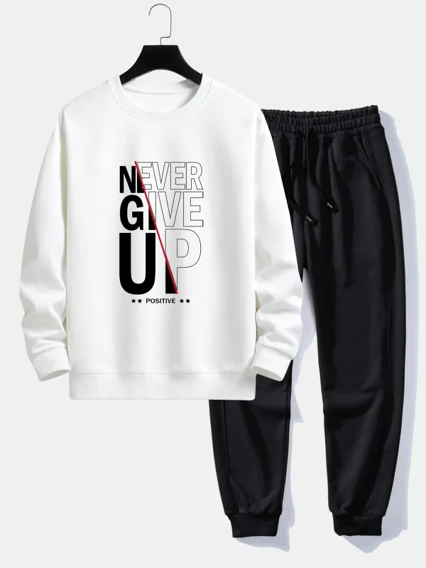 Never Give Up Print Relax Fit Sweatshirt & Basic Jogging Pants sold by Hoooyi