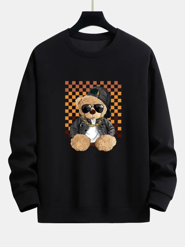 Chessboard Hip Hop Bear Print Relax Fit Sweatshirt made by Hoooyi