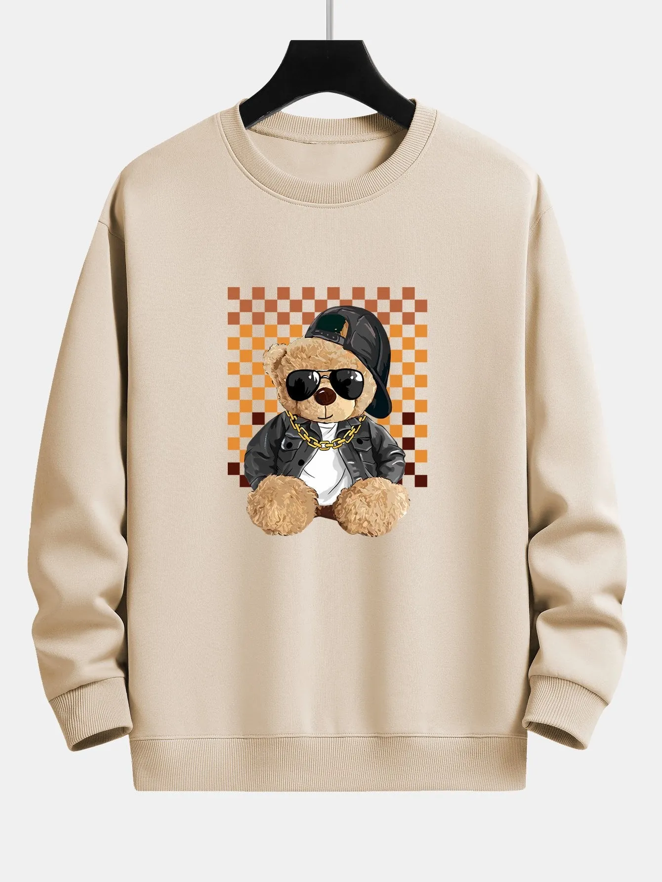 Chessboard Hip Hop Bear Print Relax Fit Sweatshirt sold by Hoooyi product image thumbnail 4