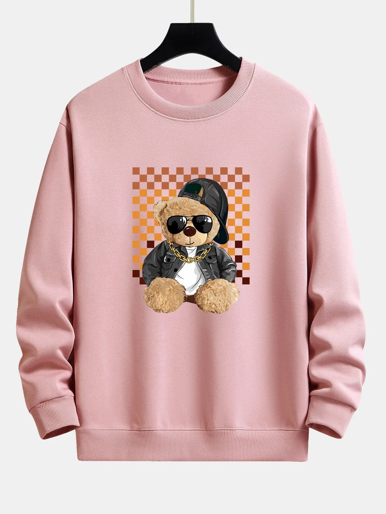 Chessboard Hip Hop Bear Print Relax Fit Sweatshirt sold by Hoooyi product image thumbnail 3