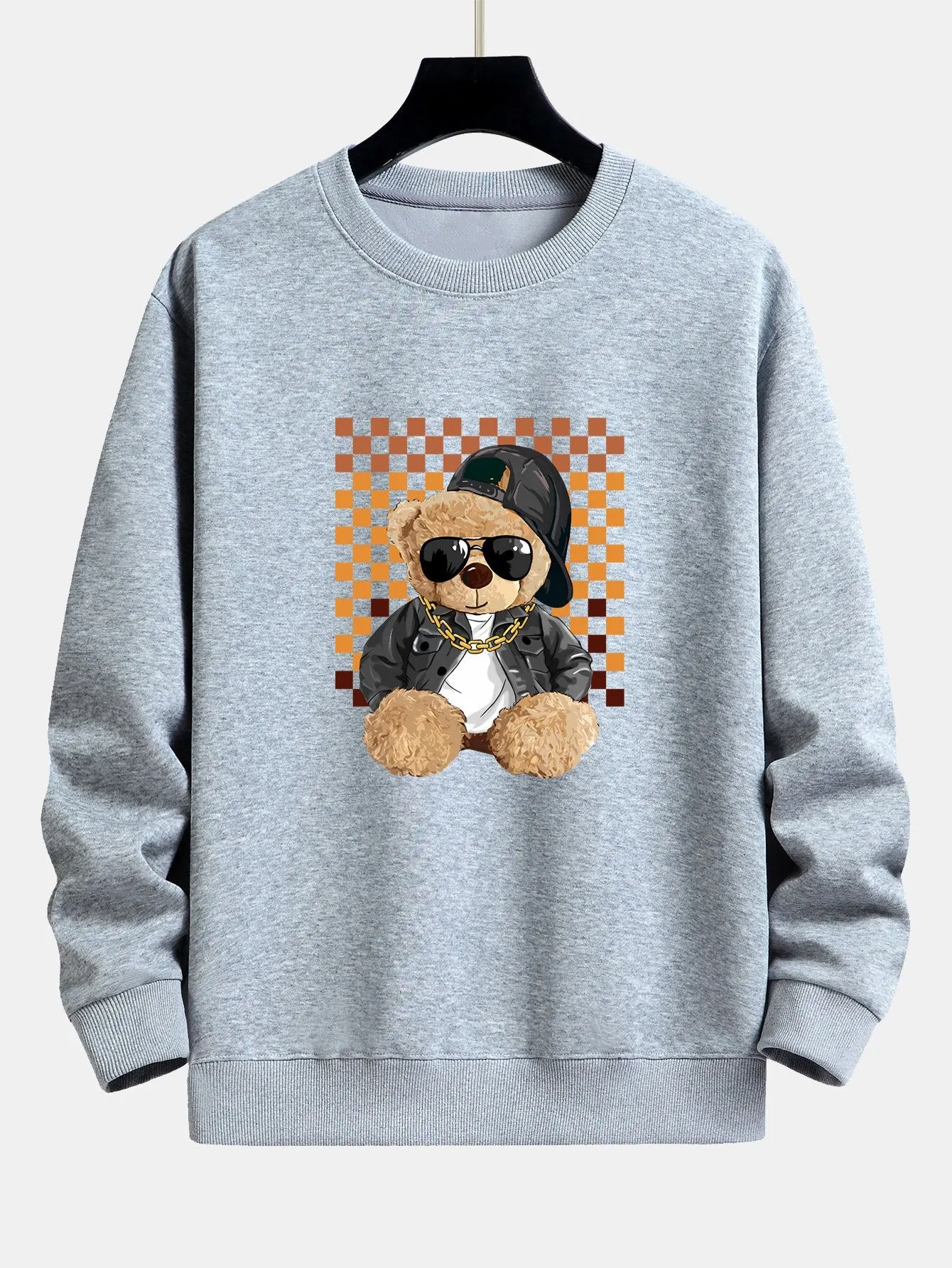 Chessboard Hip Hop Bear Print Relax Fit Sweatshirt sold by Hoooyi product image thumbnail 5