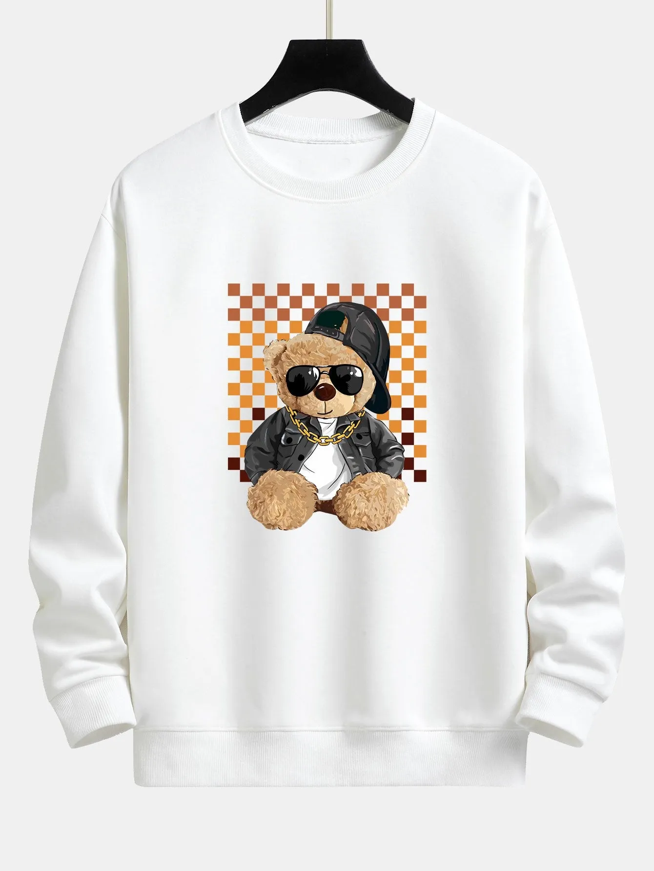 Chessboard Hip Hop Bear Print Relax Fit Sweatshirt sold by Hoooyi product image thumbnail 2