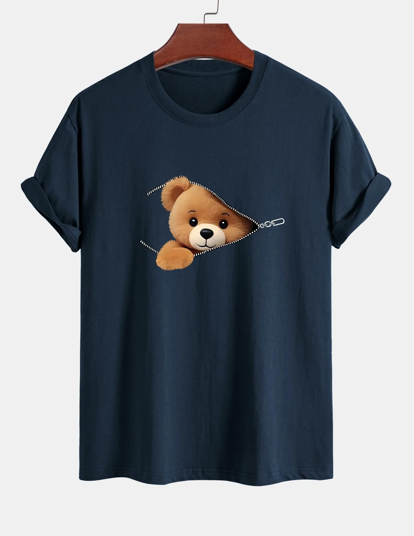 Regular Fit Zipper Bear Print Cotton T-Shirt sold by Hoooyi product image thumbnail 3