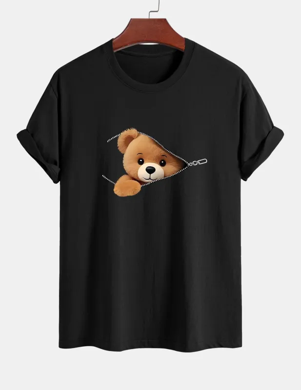 Regular Fit Zipper Bear Print Cotton T-Shirt sold by Hoooyi