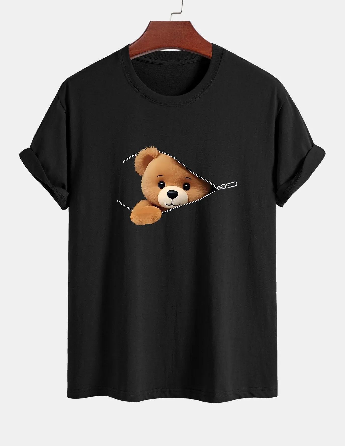 Regular Fit Zipper Bear Print Cotton T-Shirt sold by Hoooyi