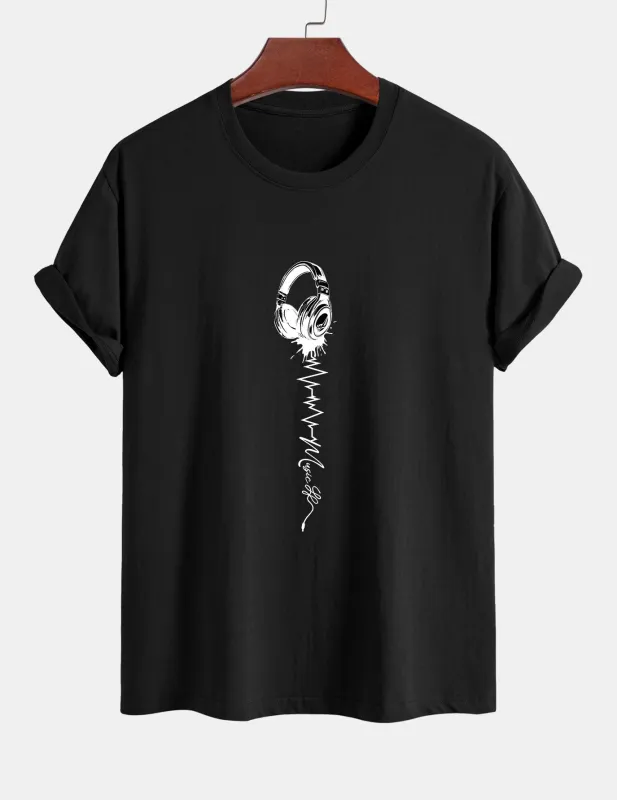 Regular Fit Earphone Print Cotton T-Shirt sold by Hoooyi
