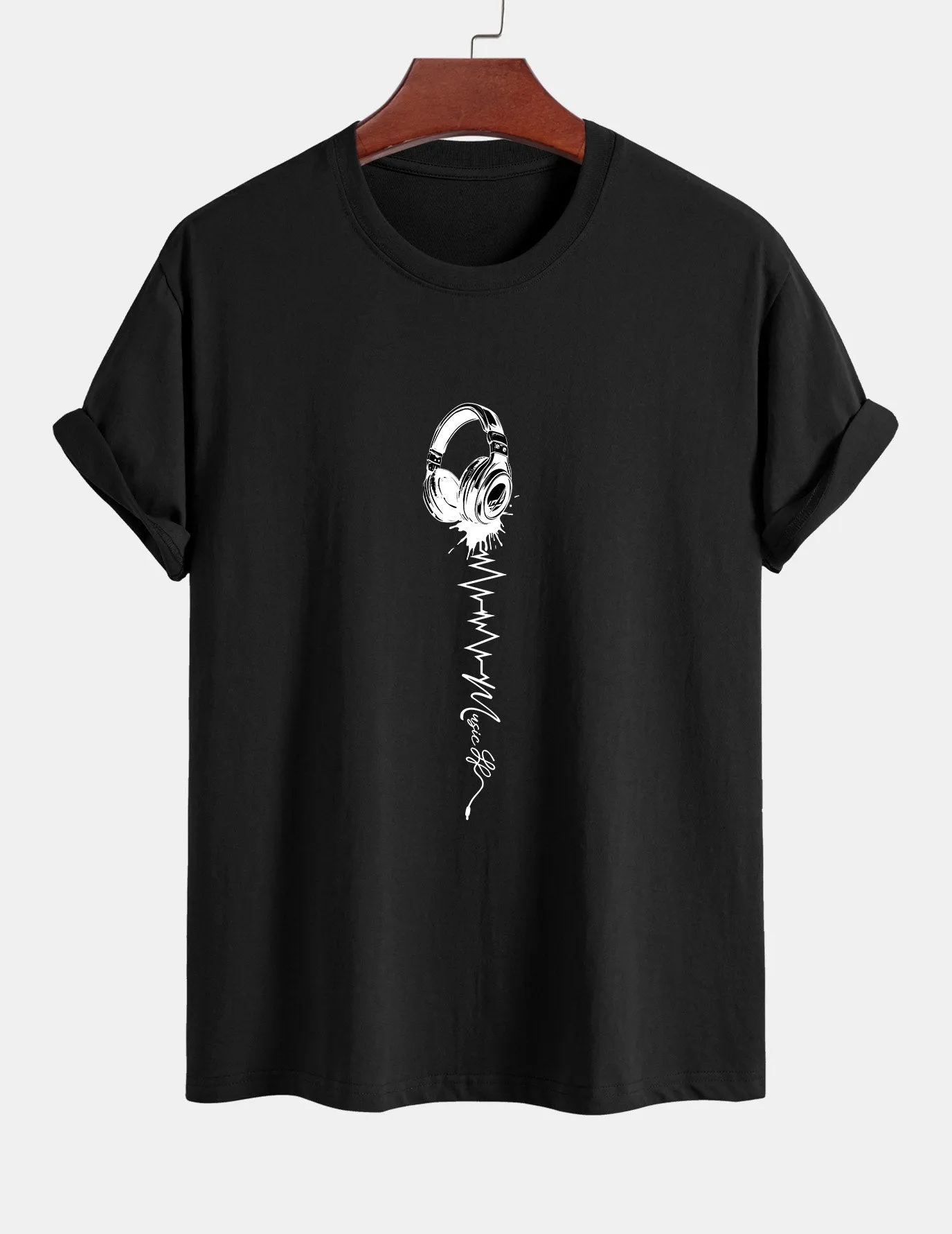 Regular Fit Earphone Print Cotton T-Shirt sold by Hoooyi