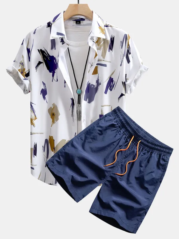Brushstroke Print Button Up Shirt & Swim Shorts sold by Hoooyi