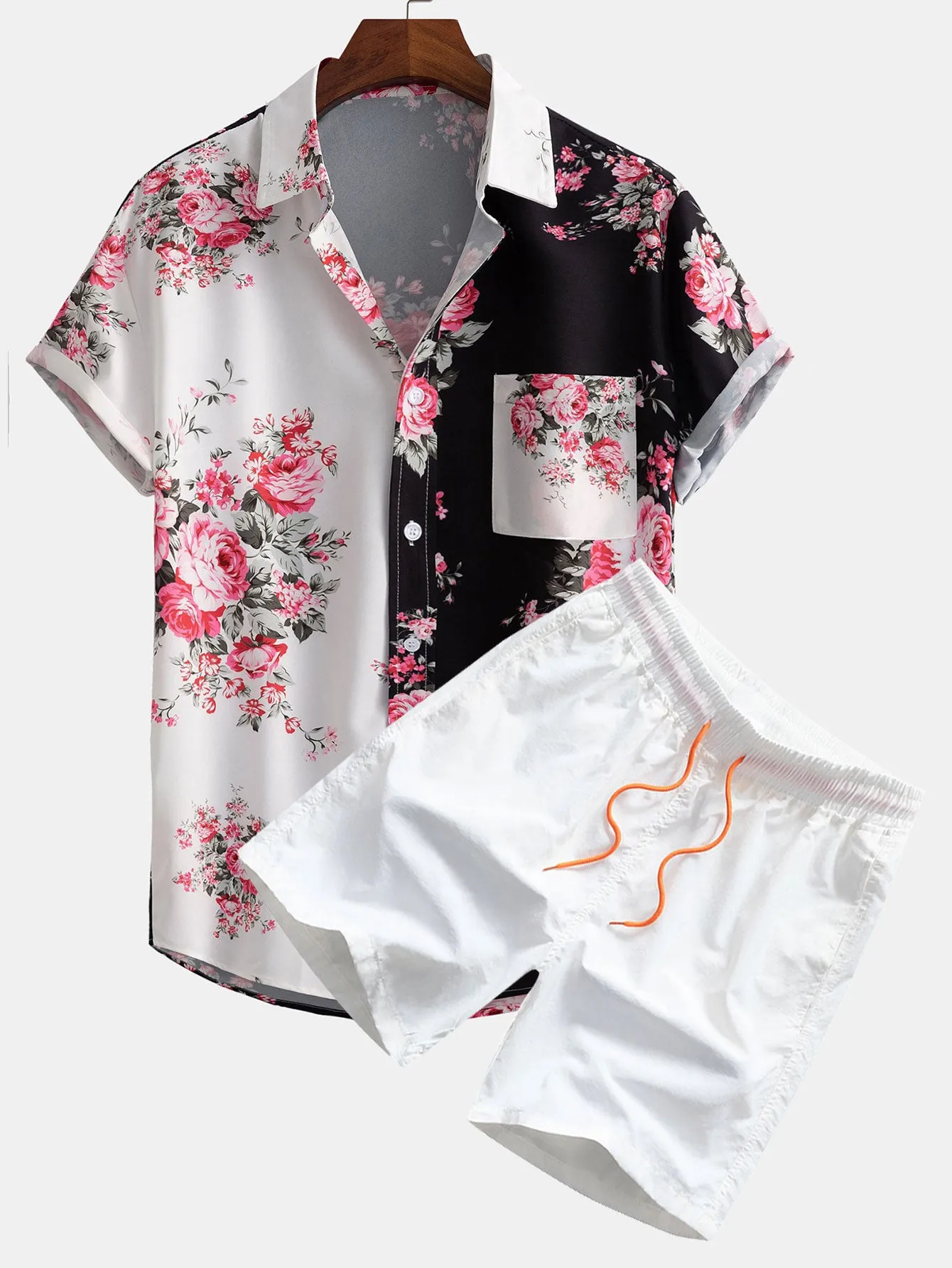 Two Tone Rose Print Button Up Shirt & Swim Shorts sold by Hoooyi product image thumbnail 3