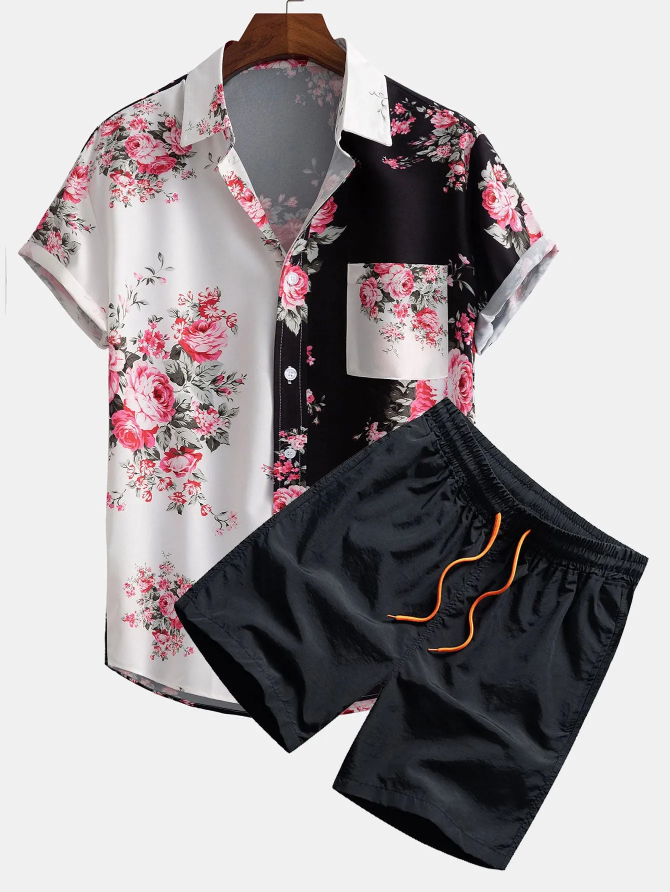 Two Tone Rose Print Button Up Shirt & Swim Shorts sold by Hoooyi