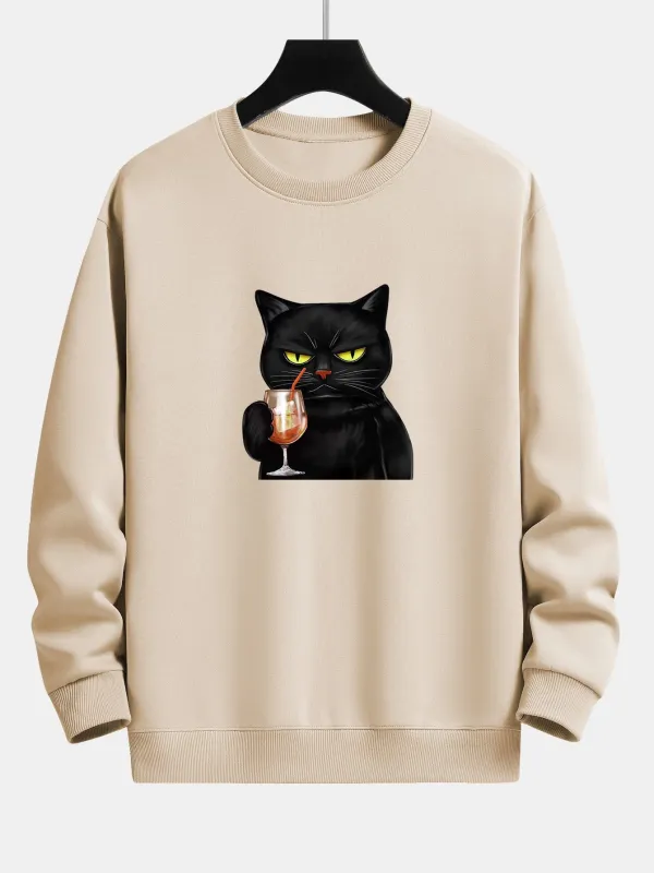 Funny Black Cat Print Relax Fit Sweatshirt sold by Hoooyi