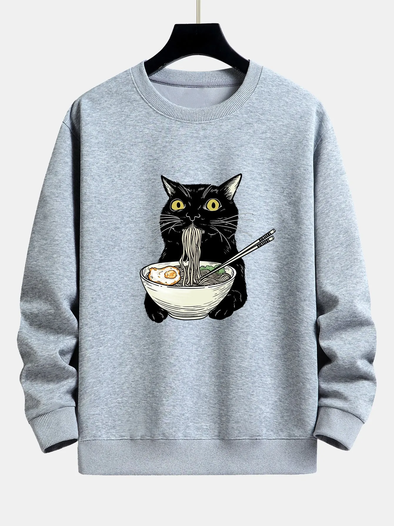 Cat Eating Noodles Print Relax Fit Sweatshirt sold by Hoooyi product image thumbnail 4