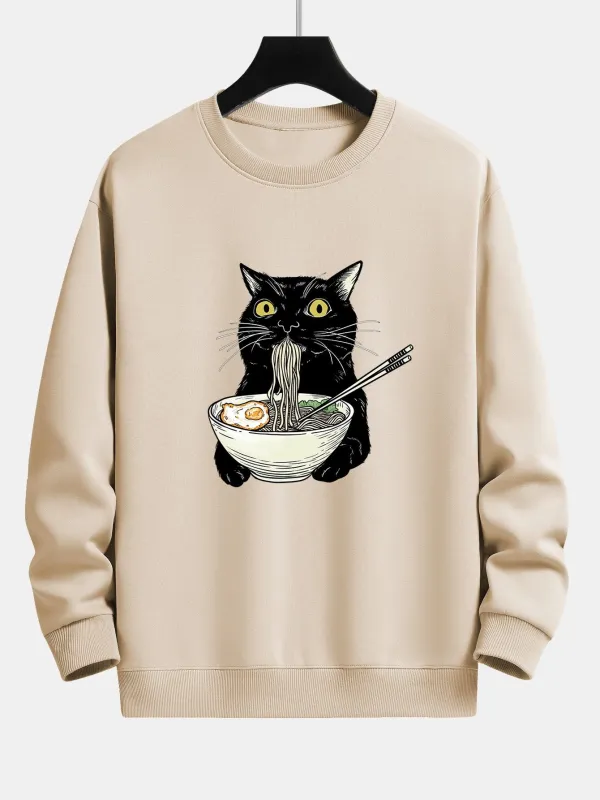 Cat Eating Noodles Print Relax Fit Sweatshirt made by Hoooyi