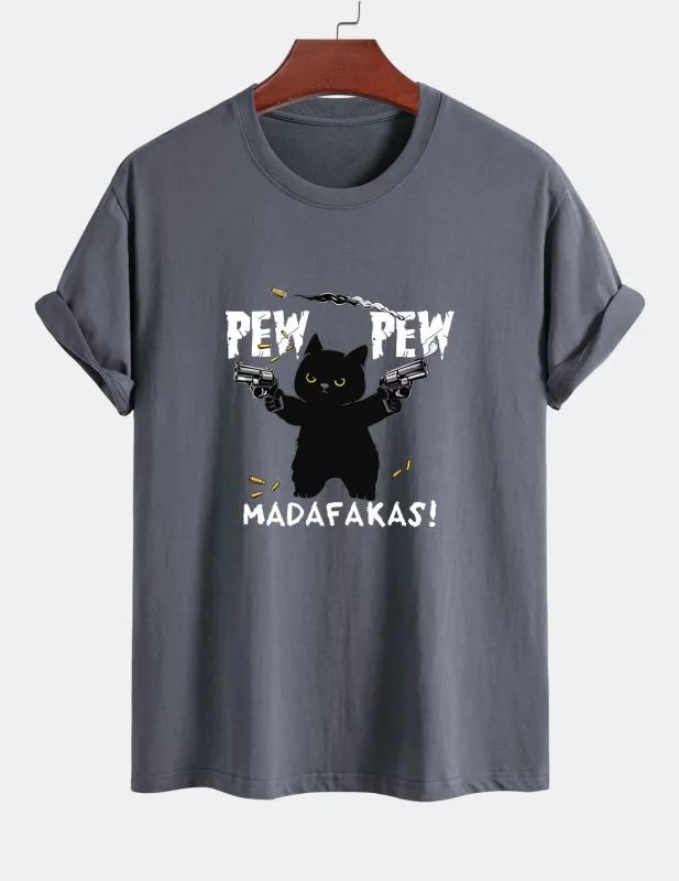 Regular Fit PEW PEW MADAFAKAS Black Cat Print Cotton T-Shirt made by Hoooyi