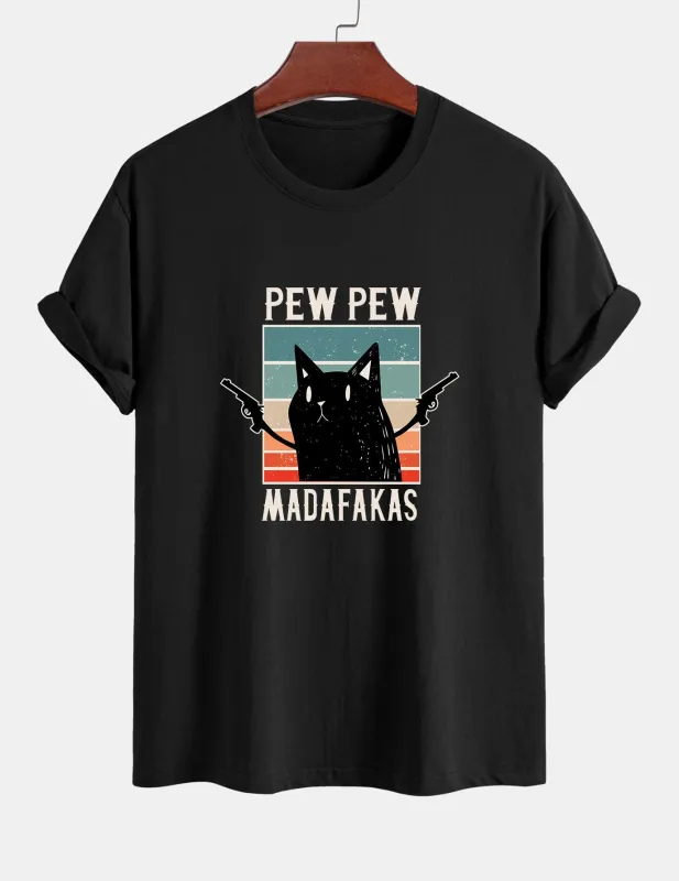 Regular Fit PEW PEW MADAFAKAS Black Cat Print Cotton T-Shirt sold by Hoooyi