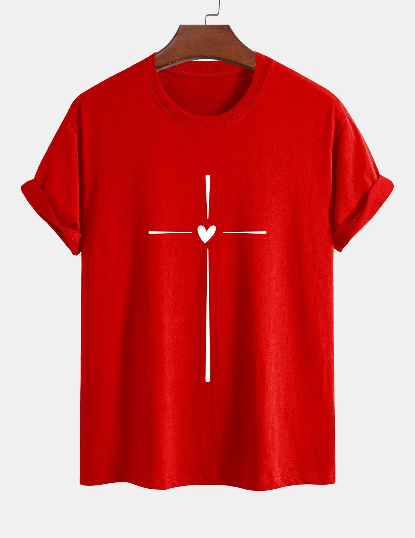Regular Fit Cross Heart Print Cotton T-Shirt sold by Hoooyi