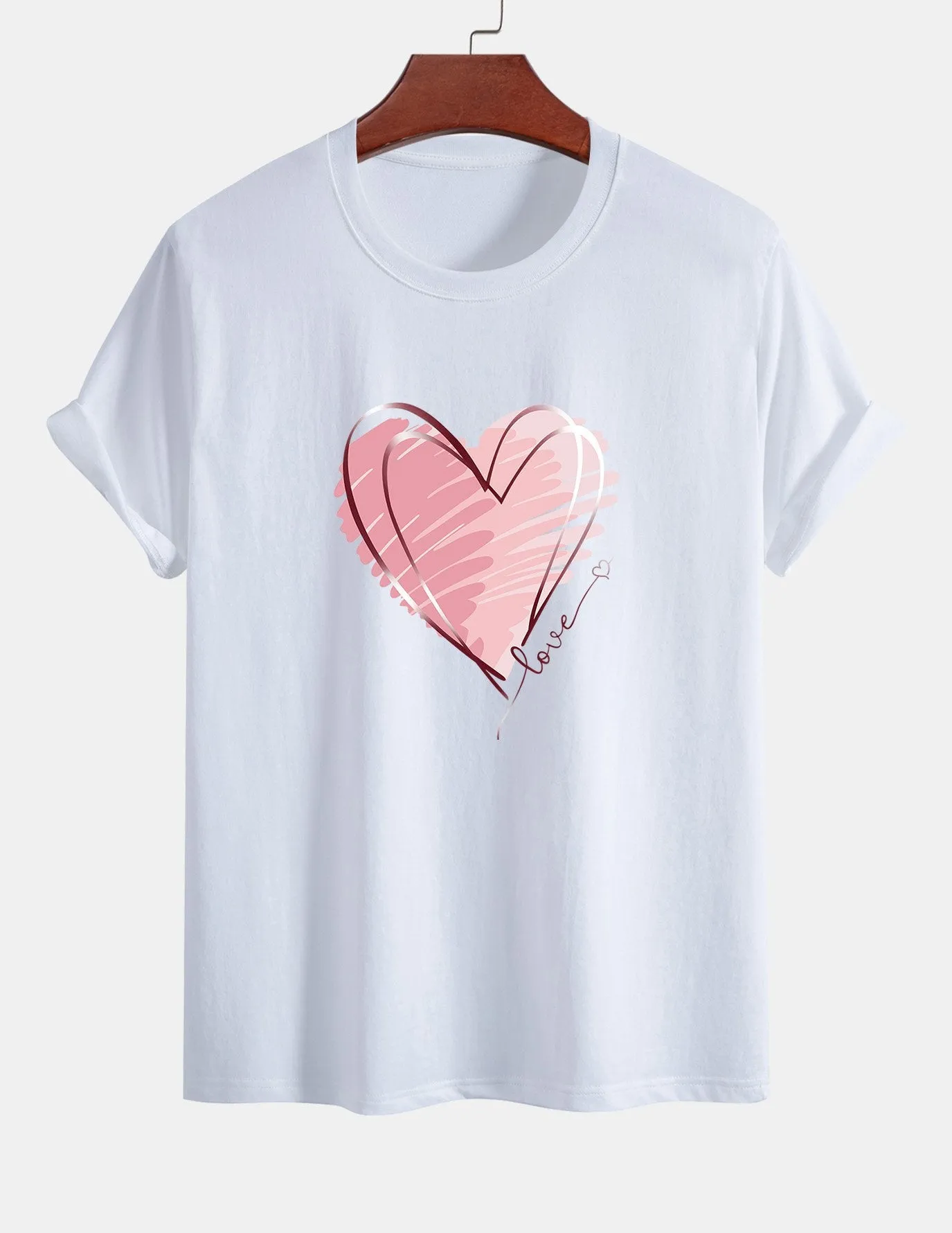 Regular Fit Doodle Heart Print Cotton T-Shirt sold by Hoooyi