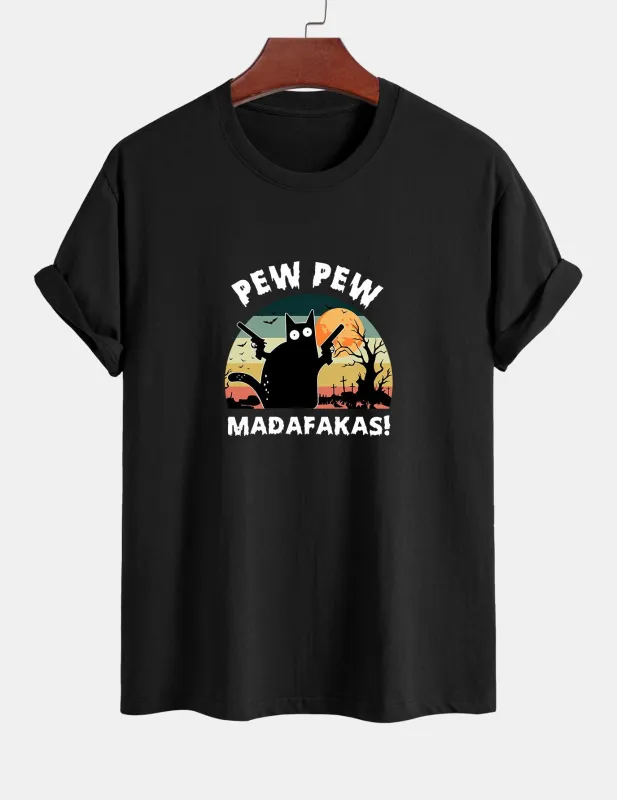 Regular Fit PEW PEW MADAFAKAS Black Cat Print Cotton T-Shirt sold by Hoooyi