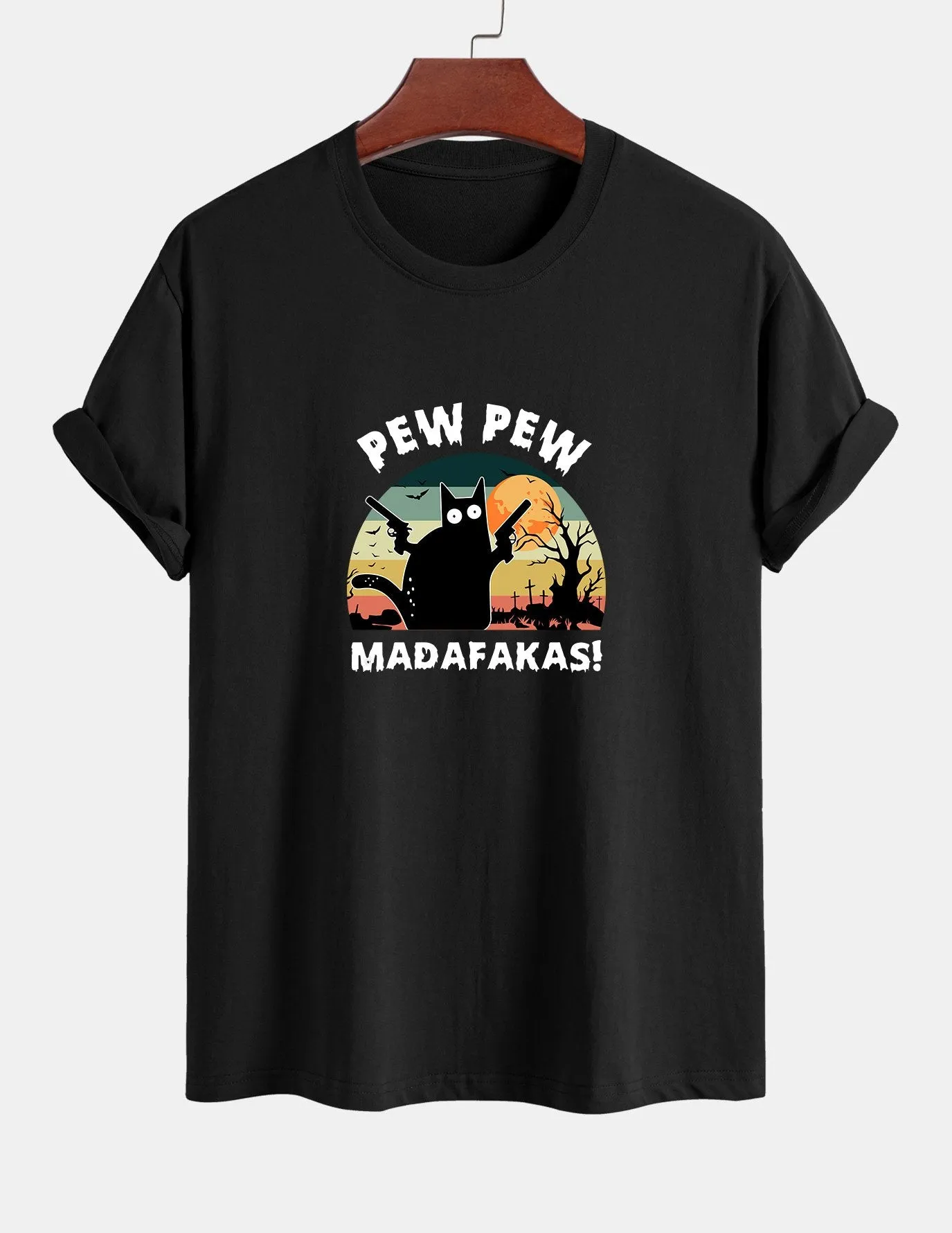Regular Fit PEW PEW MADAFAKAS Black Cat Print Cotton T-Shirt sold by Hoooyi