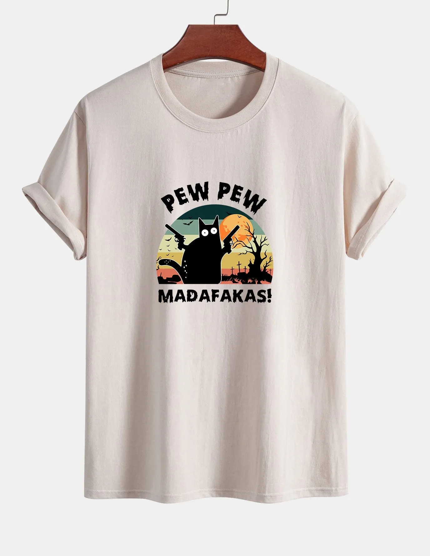 Regular Fit PEW PEW MADAFAKAS Black Cat Print Cotton T-Shirt sold by Hoooyi product image thumbnail 5