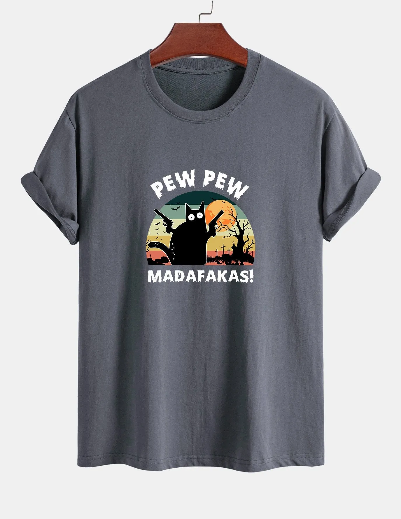 Regular Fit PEW PEW MADAFAKAS Black Cat Print Cotton T-Shirt sold by Hoooyi product image thumbnail 2