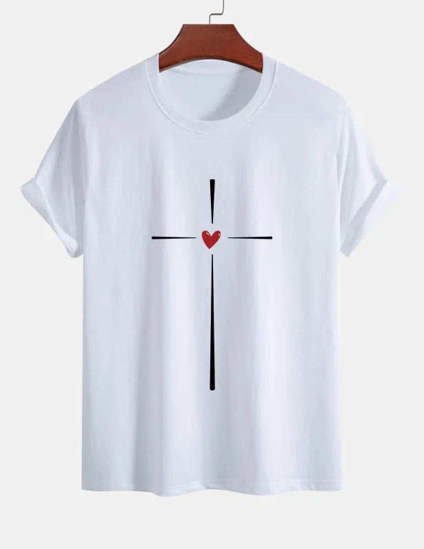Regular Fit Cross Heart Print Cotton T-Shirt sold by Hoooyi