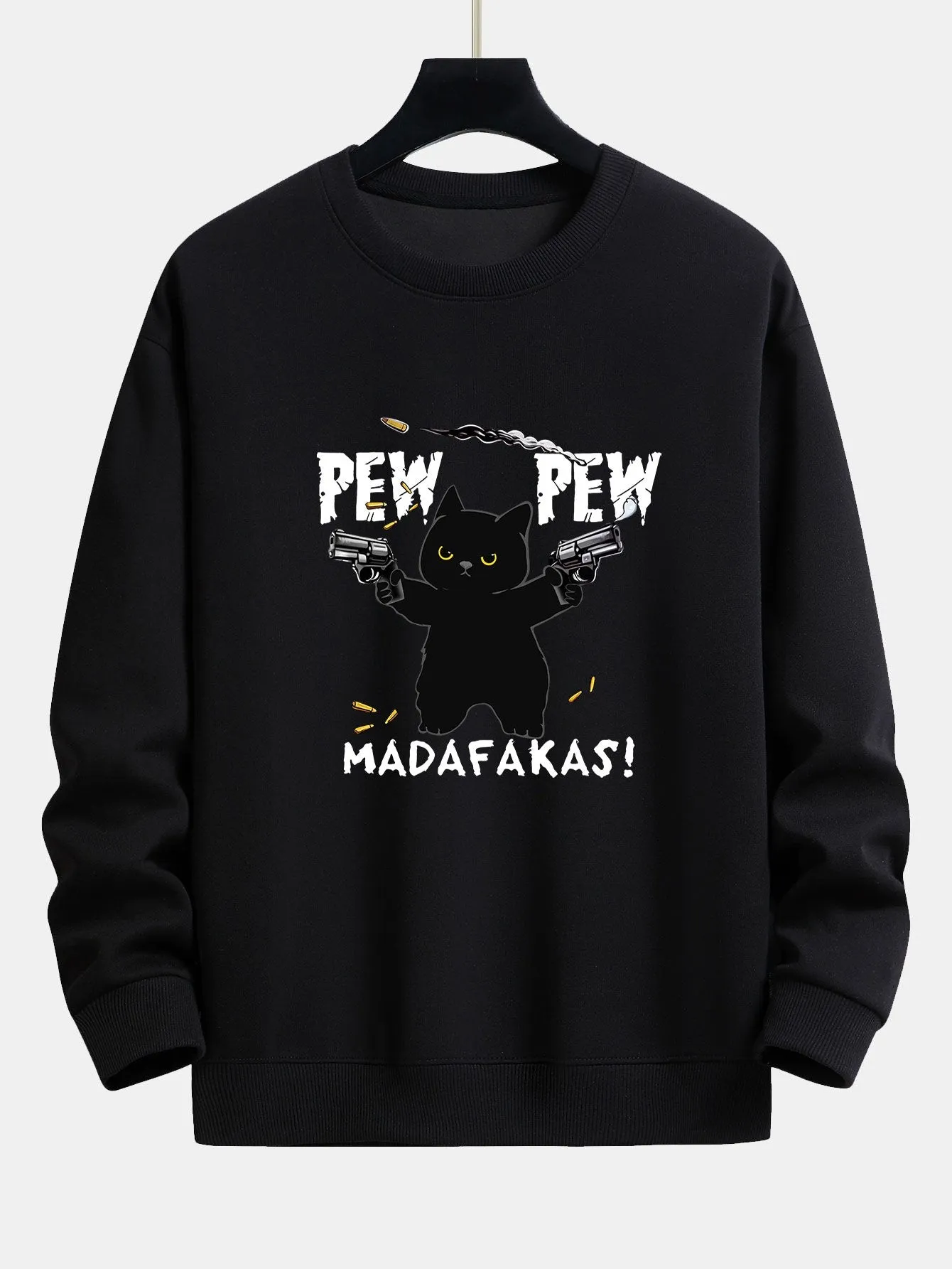 PEW PEW MADAFAKAS Black Cat Print Relax Fit Sweatshirt sold by Hoooyi product image thumbnail 5