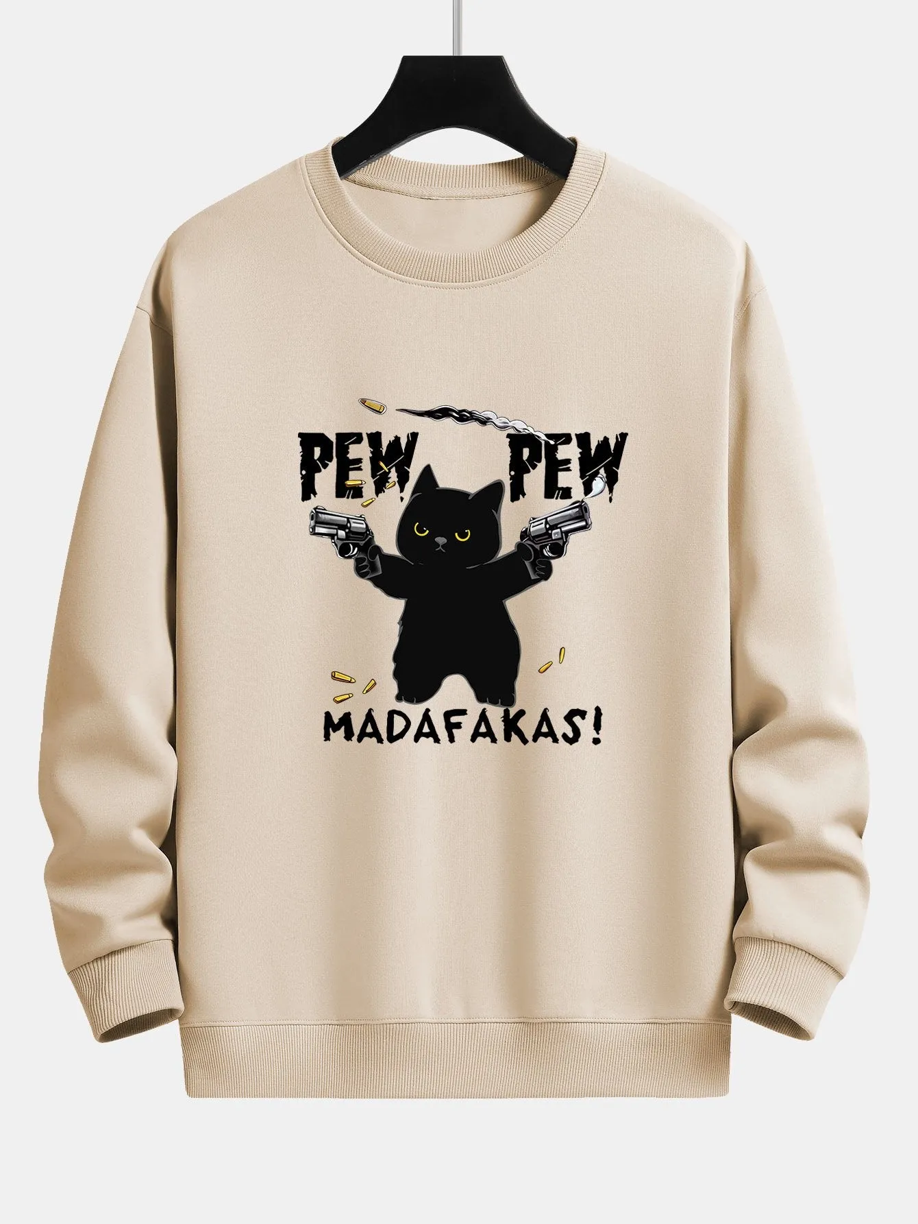 PEW PEW MADAFAKAS Black Cat Print Relax Fit Sweatshirt sold by Hoooyi