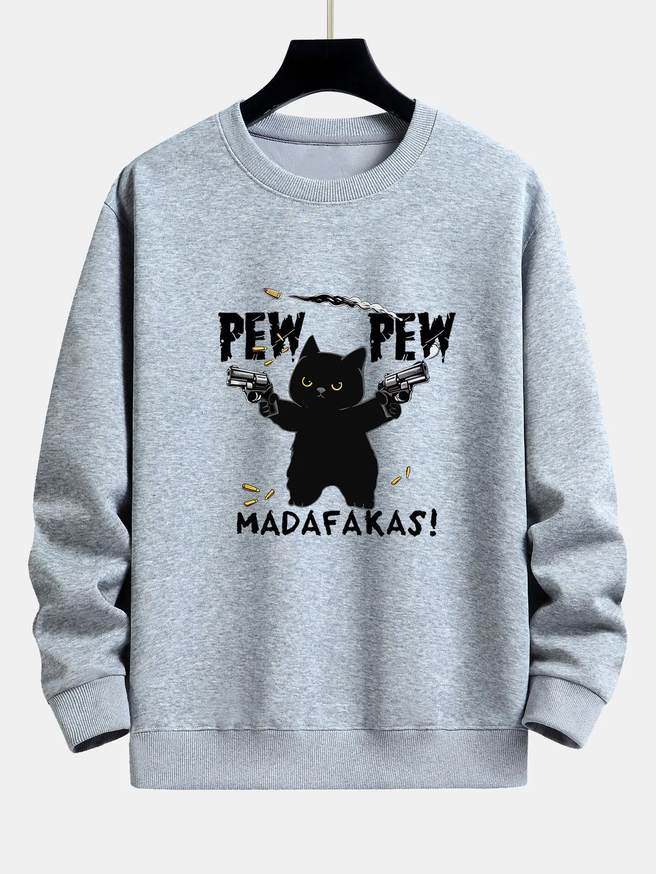 PEW PEW MADAFAKAS Black Cat Print Relax Fit Sweatshirt sold by Hoooyi product image thumbnail 4