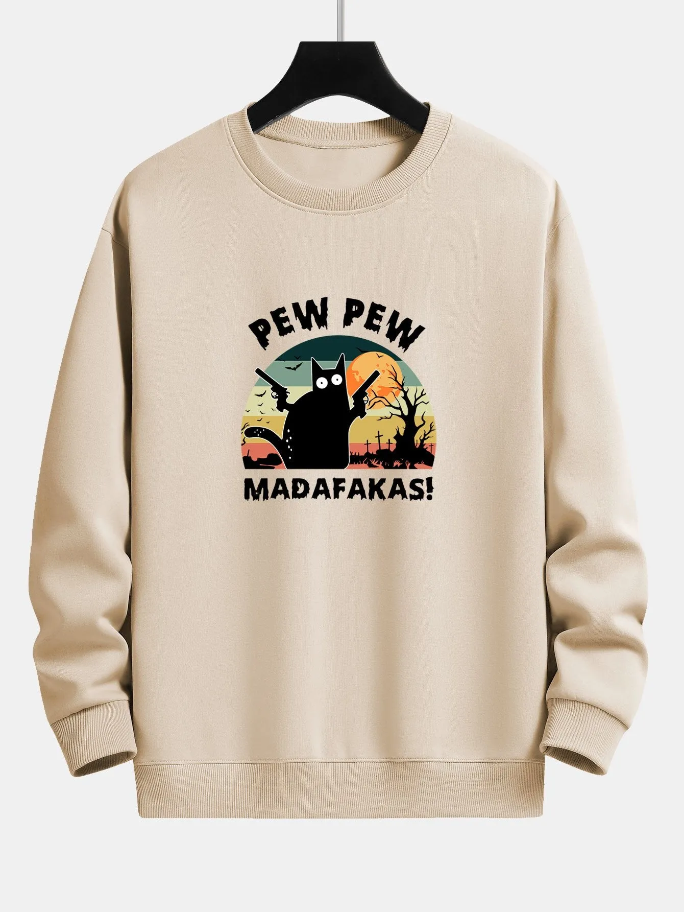 PEW PEW MADAFAKAS Black Cat Print Relax Fit Sweatshirt sold by Hoooyi product image thumbnail 4