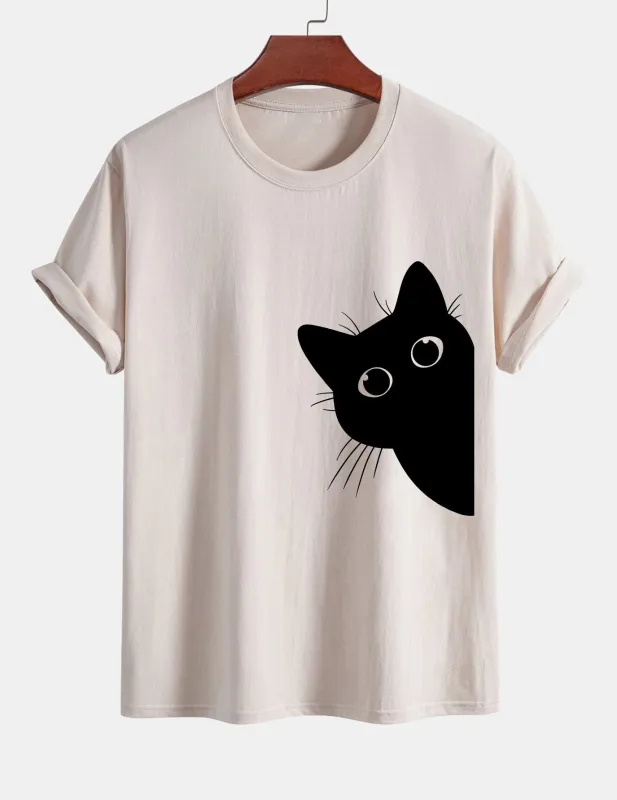 Regular Fit Black Cat Looking Out Print Cotton T-Shirt sold by Hoooyi