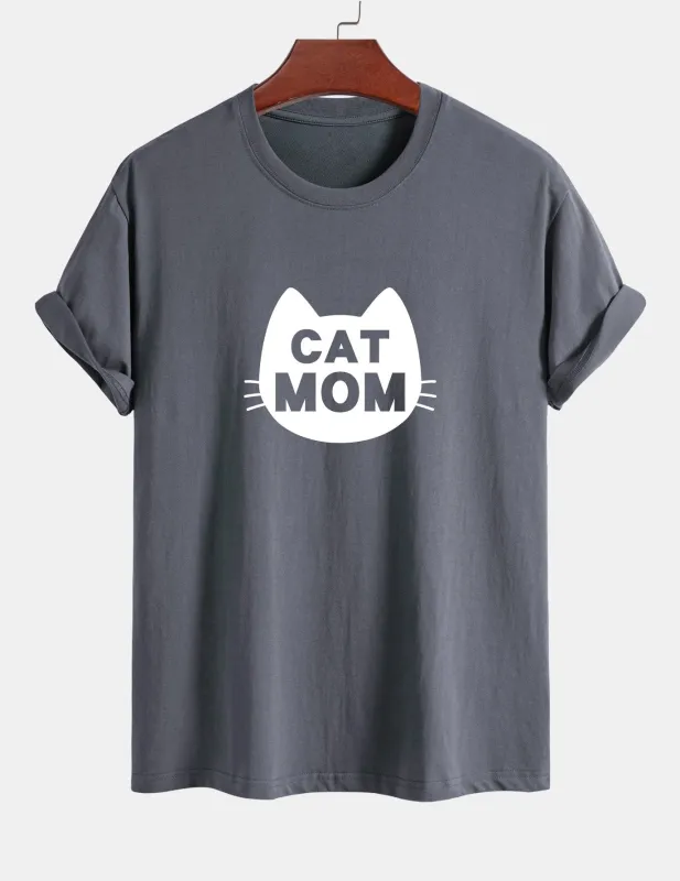 Regular Fit Cat Mom Print Cotton T-Shirt sold by Hoooyi