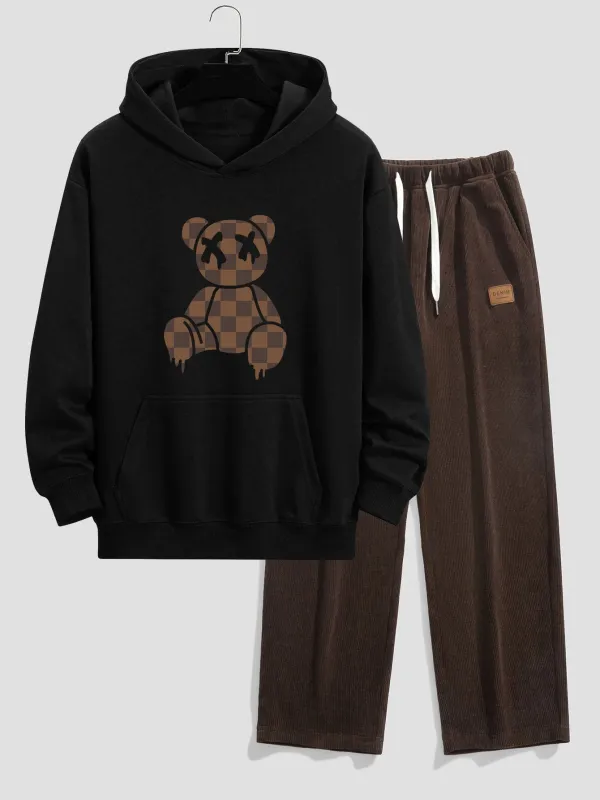 Plaid Dissolving Bear Print Relax Fit Hoodie & Straight Leg Corduroy Pants sold by Hoooyi