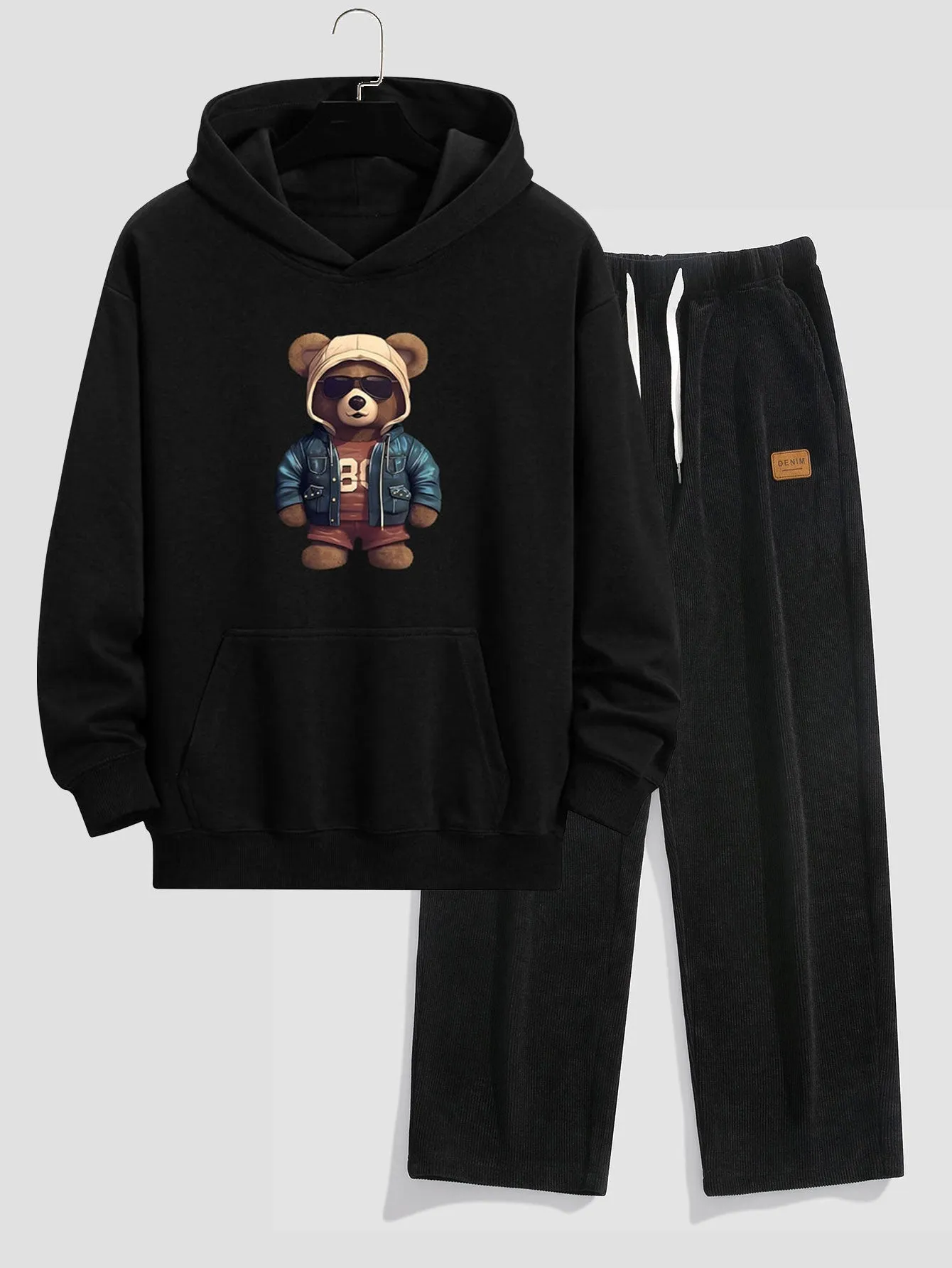 Bear In Leather Jacket Print Relax Fit Hoodie & Straight Leg Corduroy Pants sold by Hoooyi product image thumbnail 3