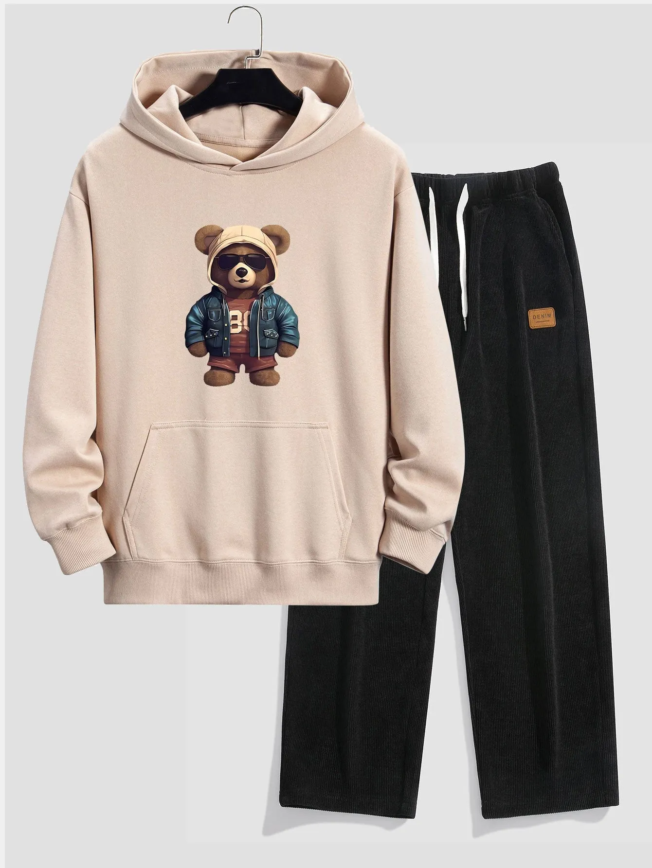 Bear In Leather Jacket Print Relax Fit Hoodie & Straight Leg Corduroy Pants sold by Hoooyi product image thumbnail 2