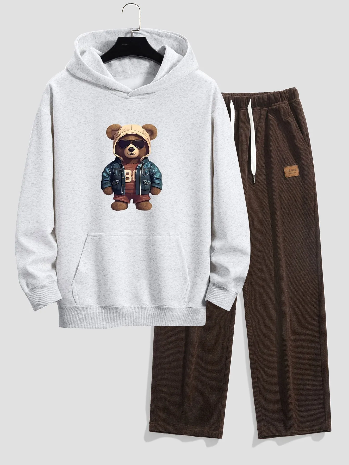 Bear In Leather Jacket Print Relax Fit Hoodie & Straight Leg Corduroy Pants sold by Hoooyi product image thumbnail 4