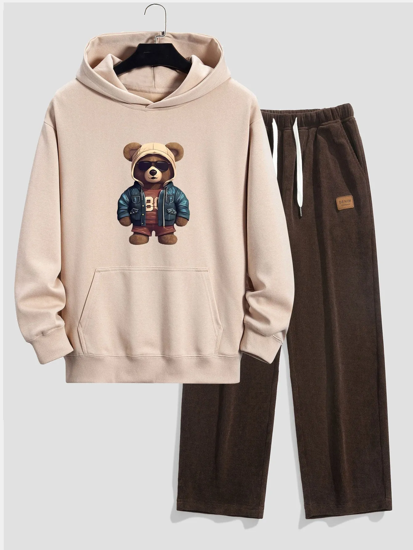 Bear In Leather Jacket Print Relax Fit Hoodie & Straight Leg Corduroy Pants sold by Hoooyi