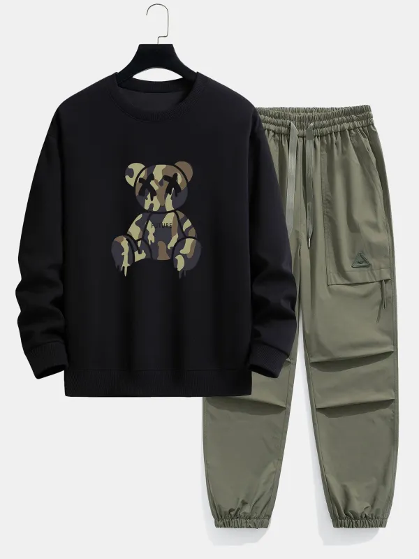 Camouflage Dissolving Bear Print Relax Fit Sweatshirt & Drawstring Jogging Pants sold by Hoooyi