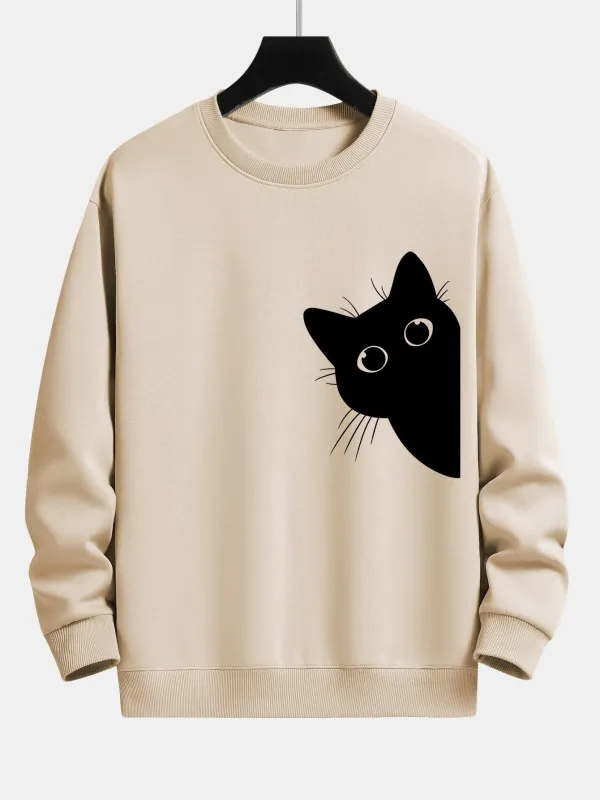 Black Cat Looking Out Print Relax Fit Sweatshirt sold by Hoooyi