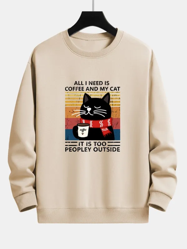 Black Cat Drinking Coffee Print Relax Fit Sweatshirt sold by Hoooyi
