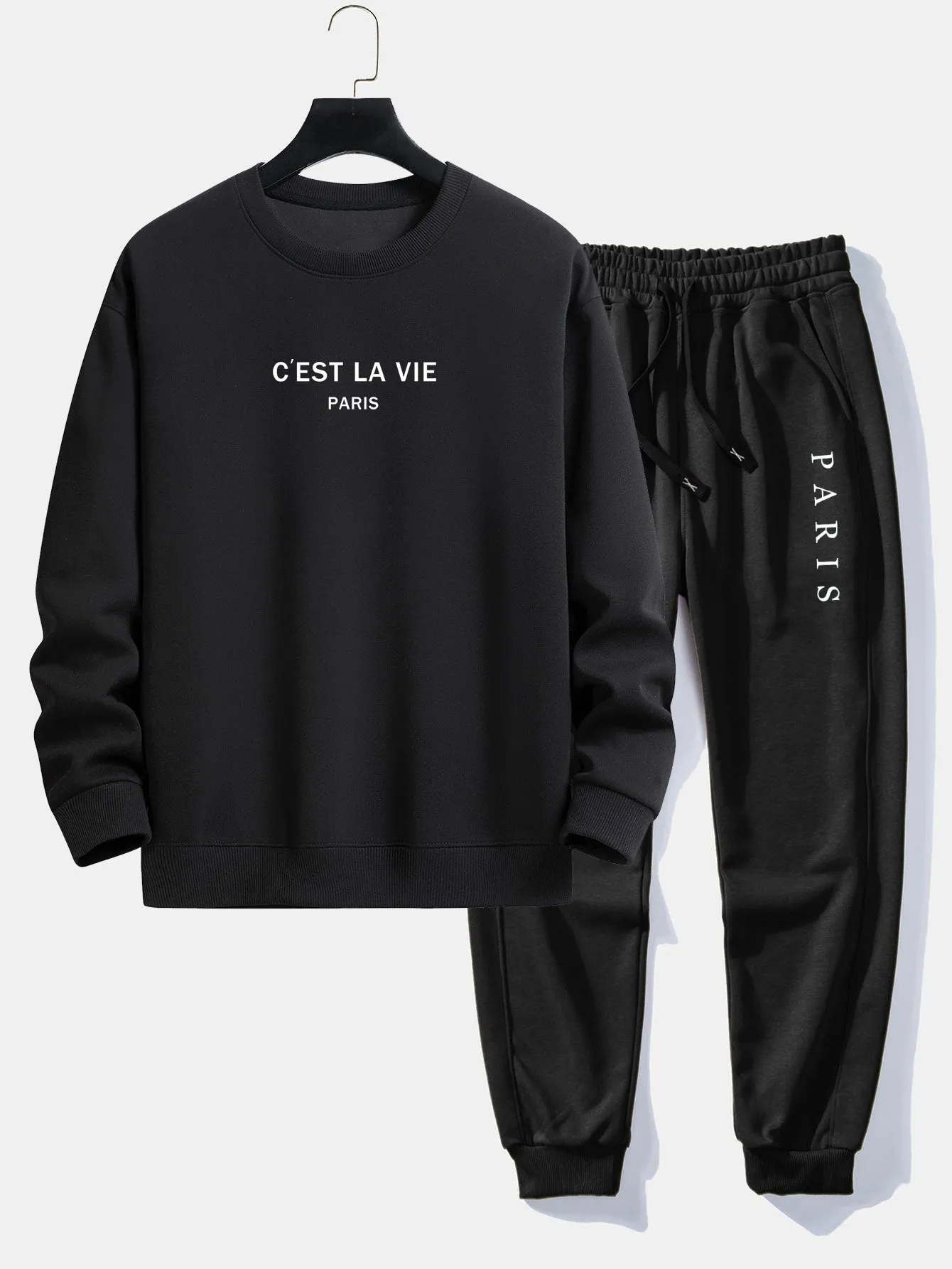Paris Slogan Print Relax Fit Crew Neck Sweatshirt & Jogging Pants sold by Hoooyi
