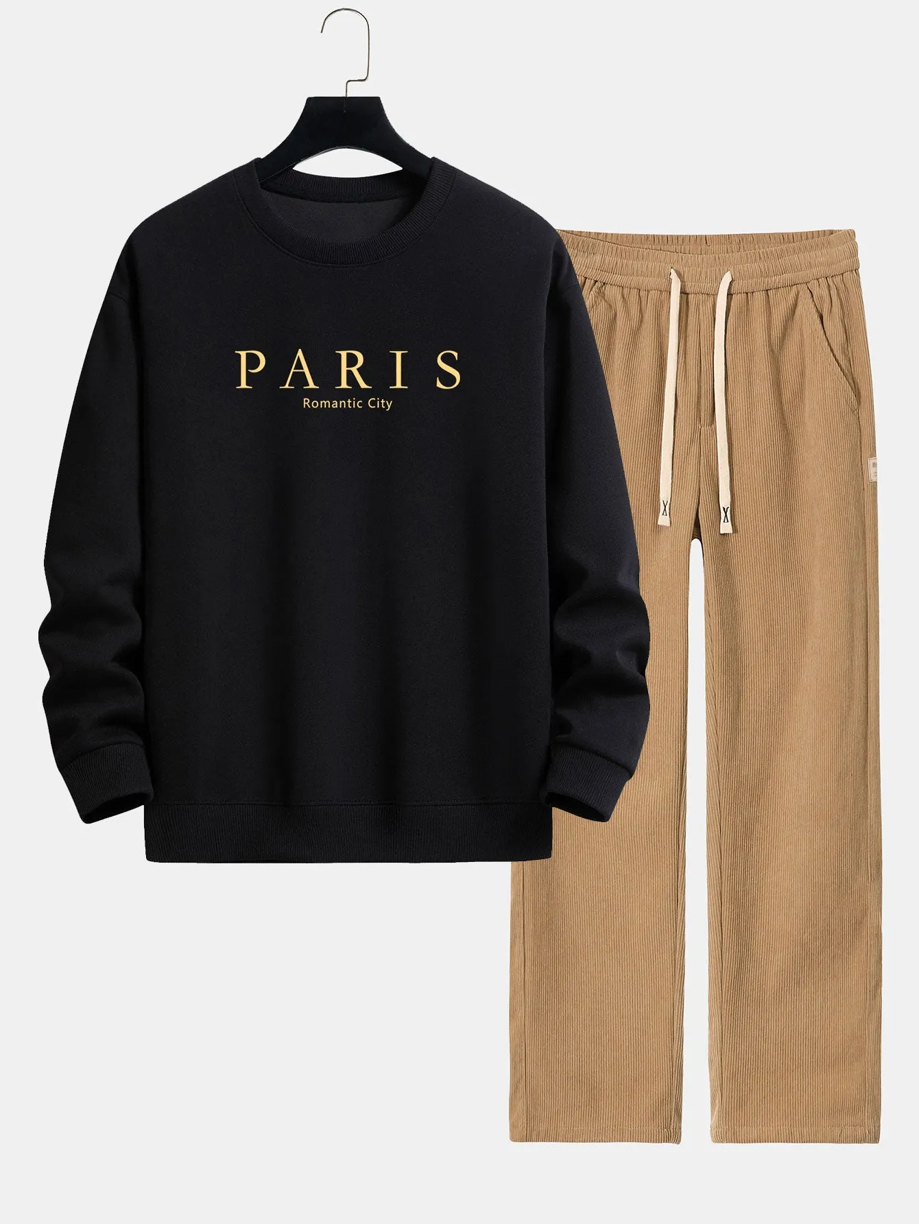 Paris Slogan Print Relax Fit Sweatshirt & Straight Leg Corduroy Pants sold by Hoooyi